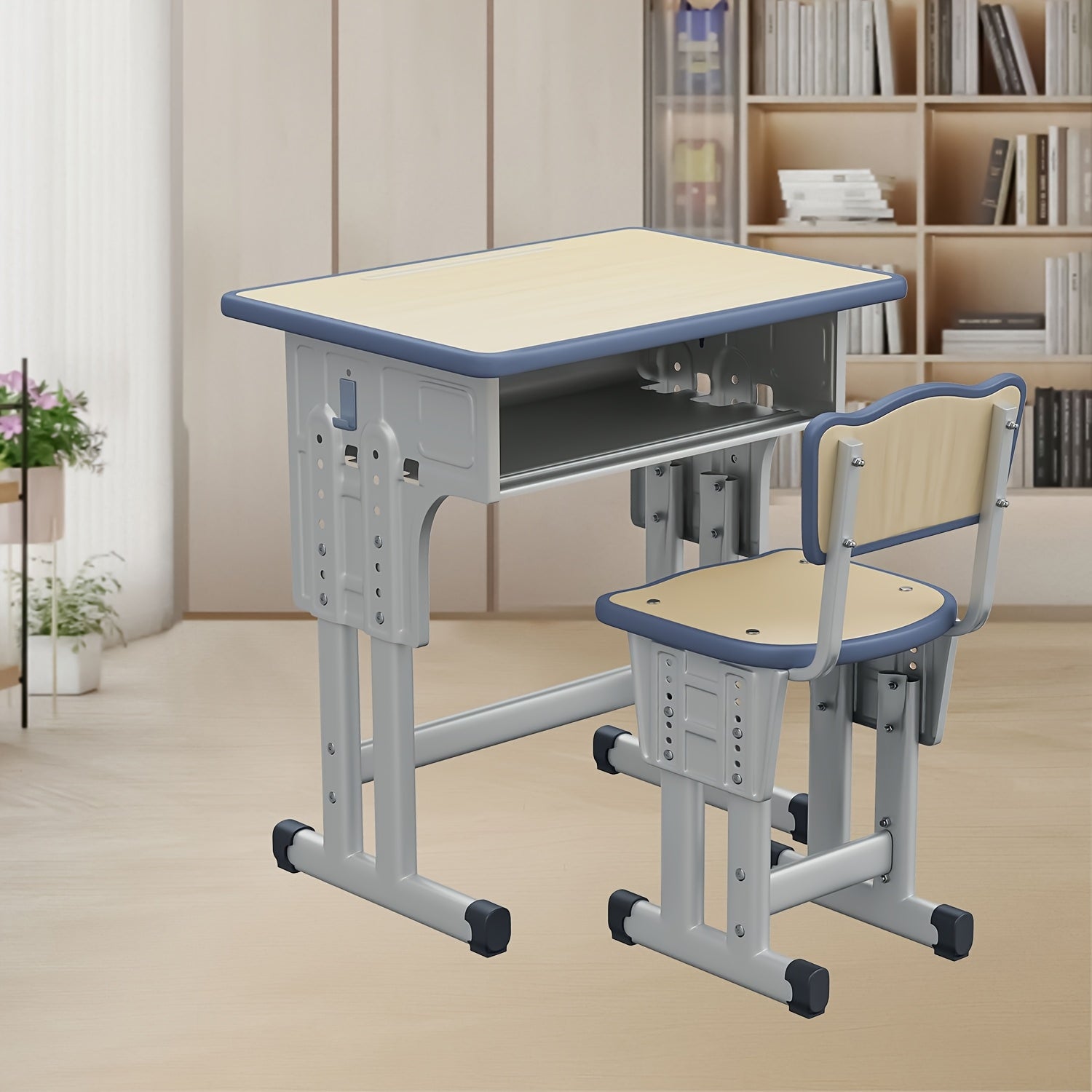 Adjustable Height Metal Desk and Chair Set for Children – Includes Utility Drawer