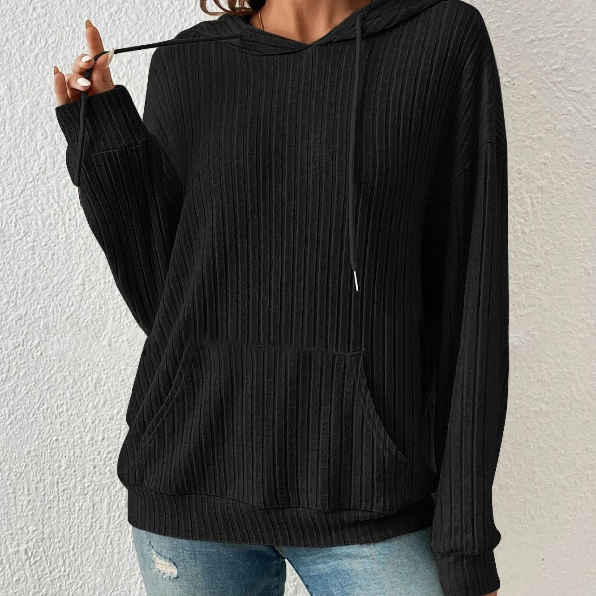 Women's Striped Knit Hoodie with Pockets & Drawstring