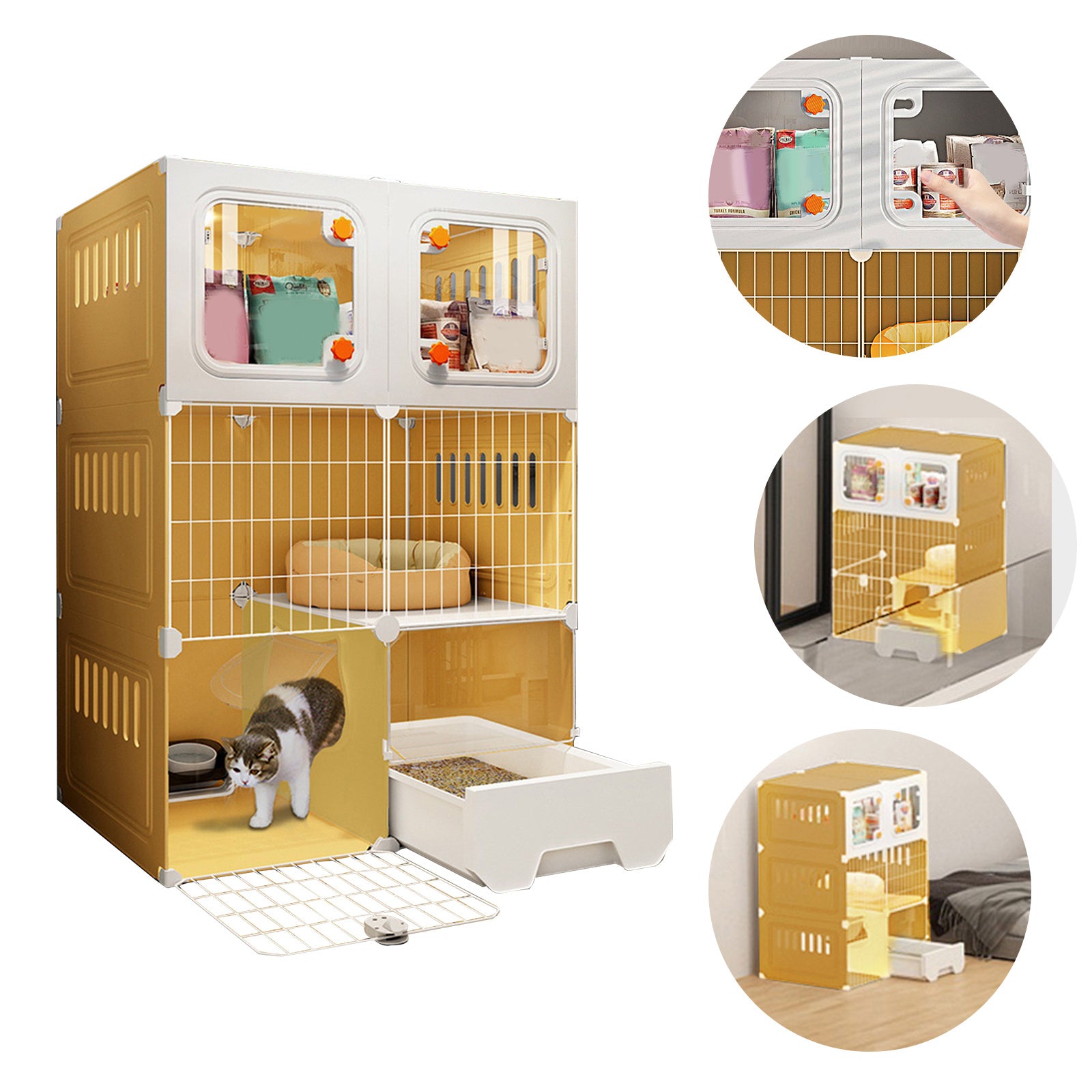 Large 43"X18"X29" All-In-One 3-Tier Cat Cage & House With Litter Box, Removable Bed & Ladder - Sturdy Plastic Multi-Level Indoor Cat Villa, Easy Assembly, Ventilated Enclosure For Large Breeds (Diy...
