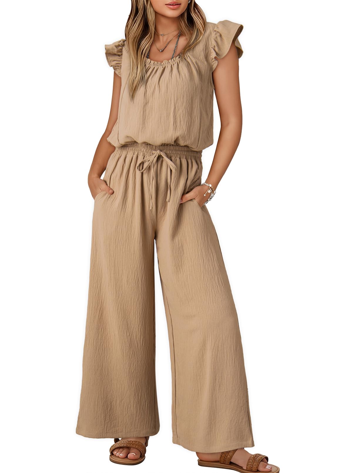 Chic Pleated Square Collar Camisole & Wide Leg Jumpsuit