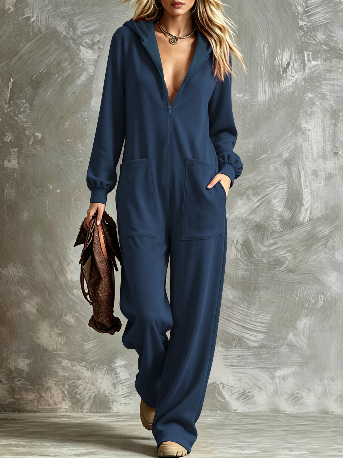 Casual Hooded Full-Zip Jumpsuit Sweatpants