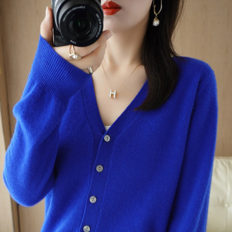 Womens V-neck Casual Solid-color Knitted Long-sleeve Jacket