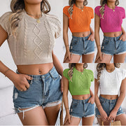 Cropped Cable-Knit Short Sleeve Sweater – Light, Trendy Streetwear Top