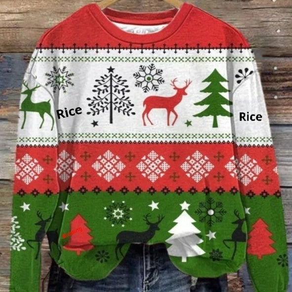 Women's Printed Round Neck Autumn Winter Pullover Sweater Top