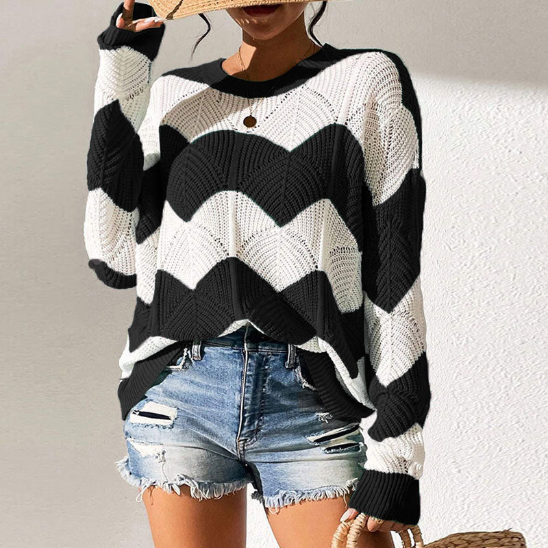 Womens Loose-fit Crew-neck Color-block Striped Long-sleeve Sweater