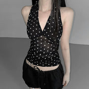 Polka Dot Backless V-Neck Halter Top – Street‑Style Short Sleeve