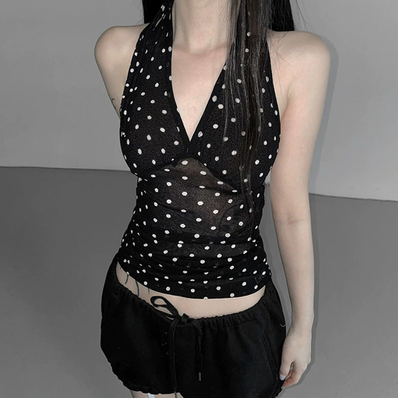 Polka Dot Backless V-Neck Halter Top – Street‑Style Short Sleeve