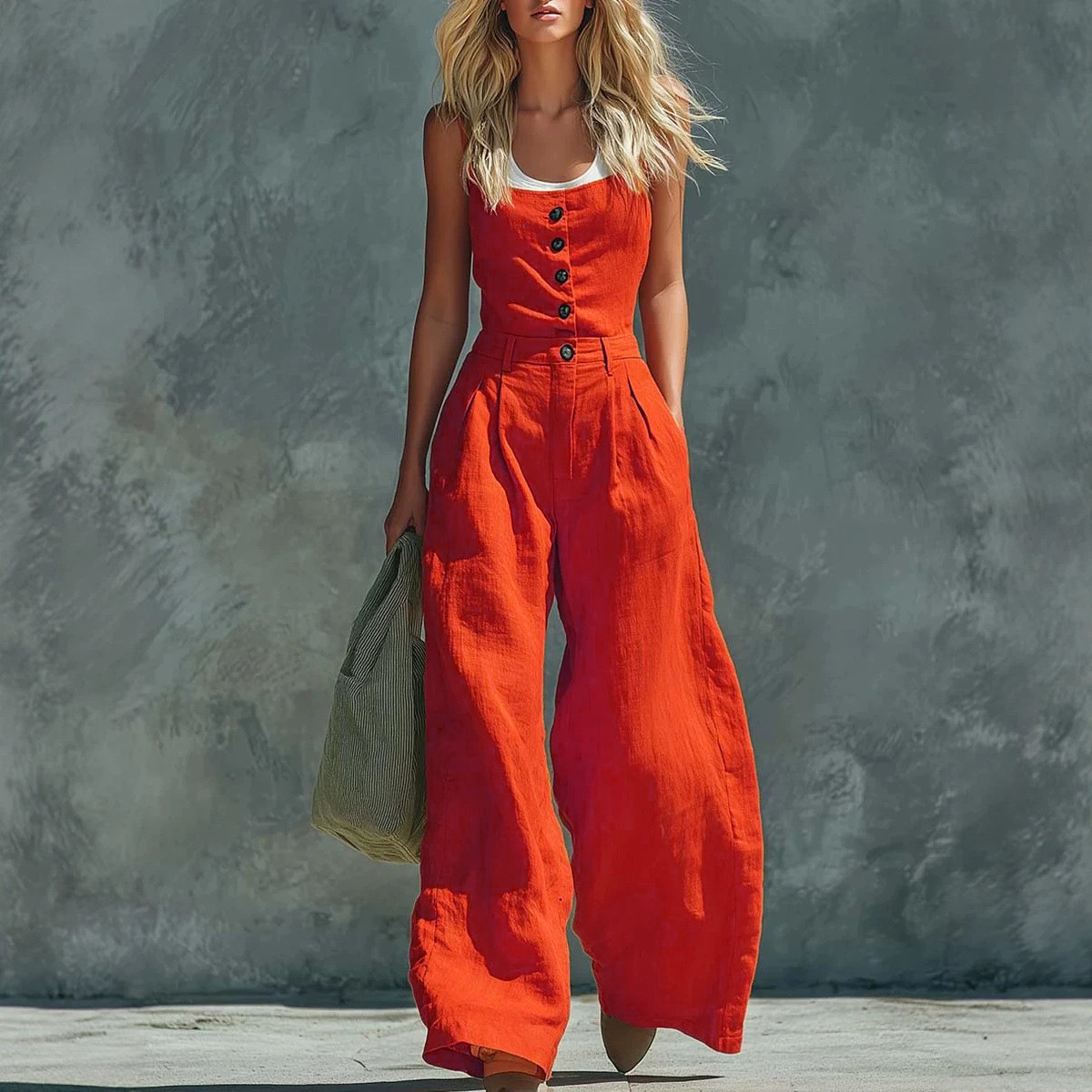 2026 European And American Cross-border Foreign Trade New Style Retro Button Front Opening High Waist Wide Leg Jumpsuit