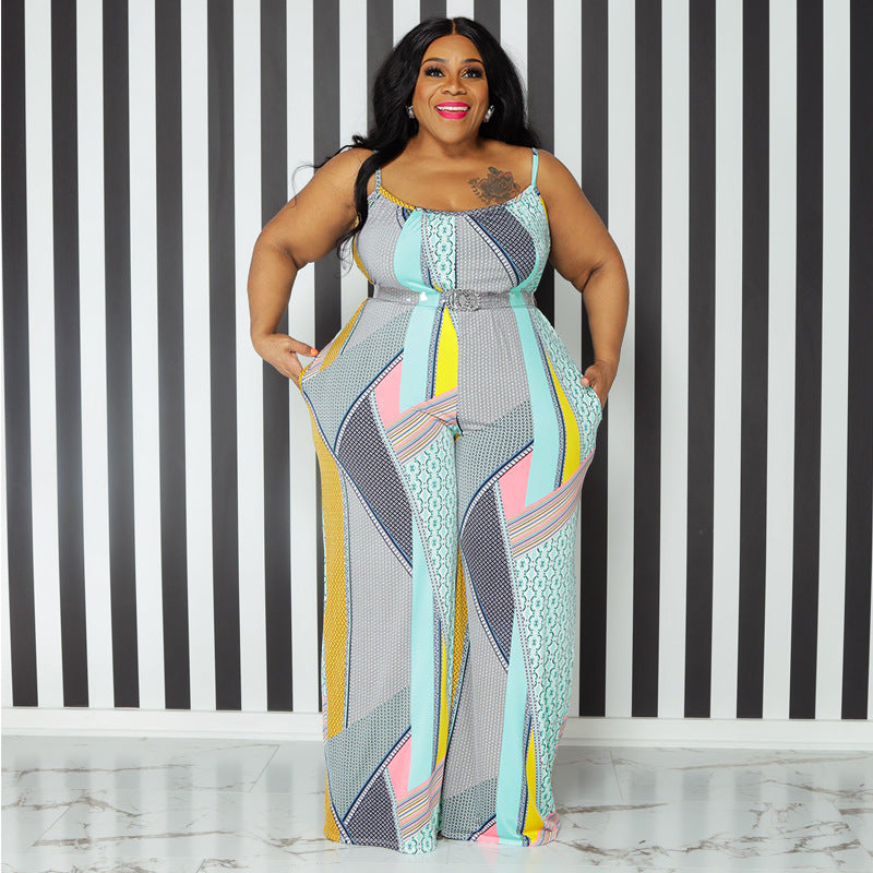 Plus Size Abstract Print Maxi Slip Overalls with Pockets