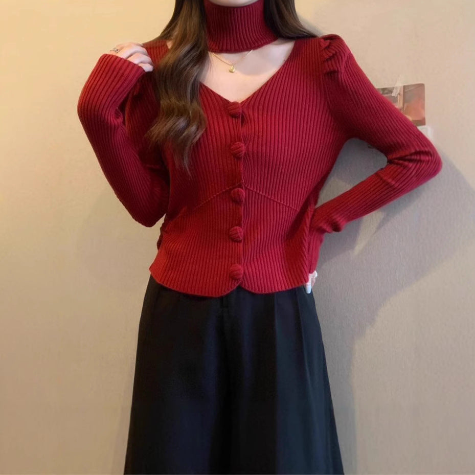 V-neck Puff-sleeve Knit Camisole Halter Top