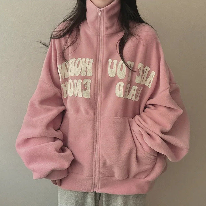 Women's Plus Velvet Alphabet Zip-Up Loose Cardigan Sweater