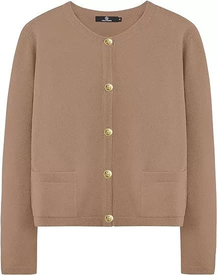Round Neck Gold Button Cardigan Sweater Striped Knit Jacket Women's Top