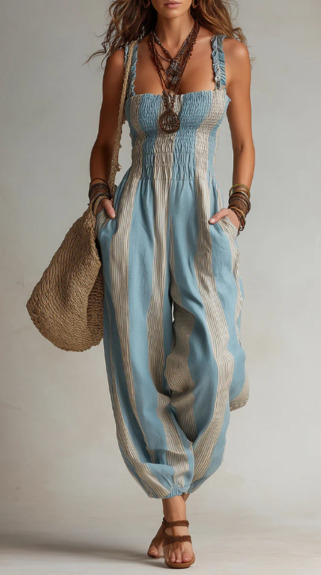 Blue & White Striped Smocked Harem Jumpsuit