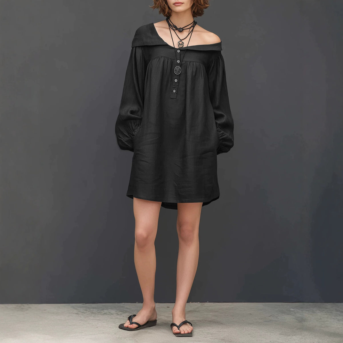 Womens Long-sleeved Mini Dress with an Asymmetrical Neckline