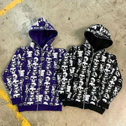Skull Print Zip-Up Streetwear Hoodie