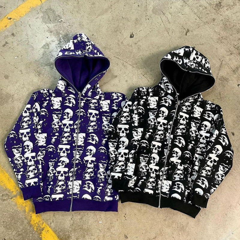 Skull Print Zip-Up Streetwear Hoodie