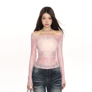Off-Shoulder Mesh Long Sleeve Tie-Dye T-Shirt