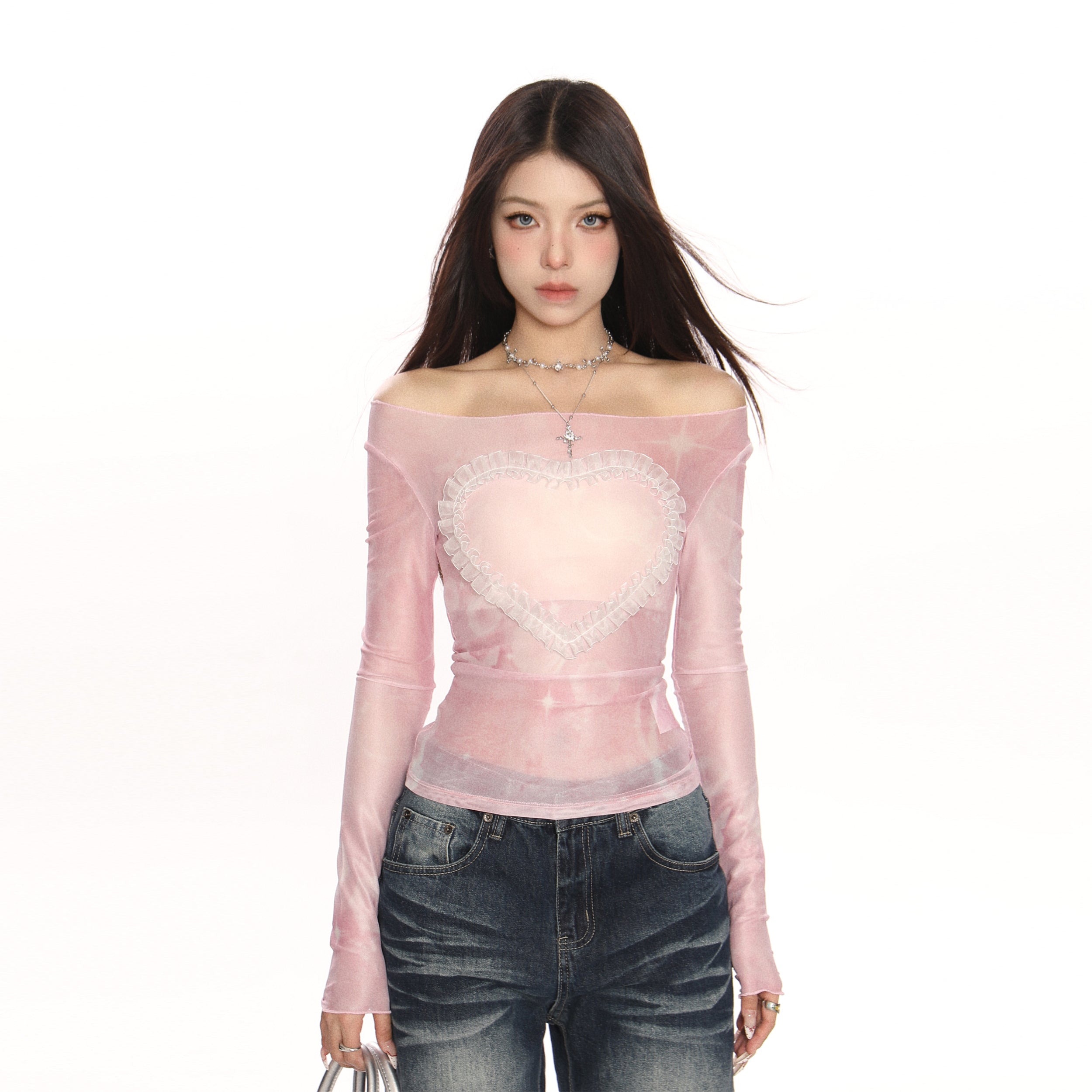 Off-Shoulder Mesh Long Sleeve Tie-Dye T-Shirt