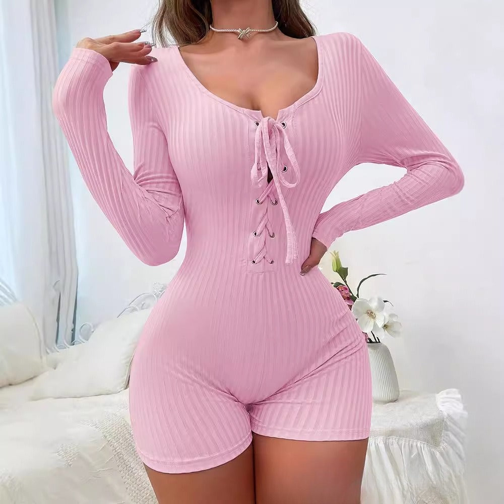 Elegant V-Neck Tie-Front Solid Home Jumpsuit