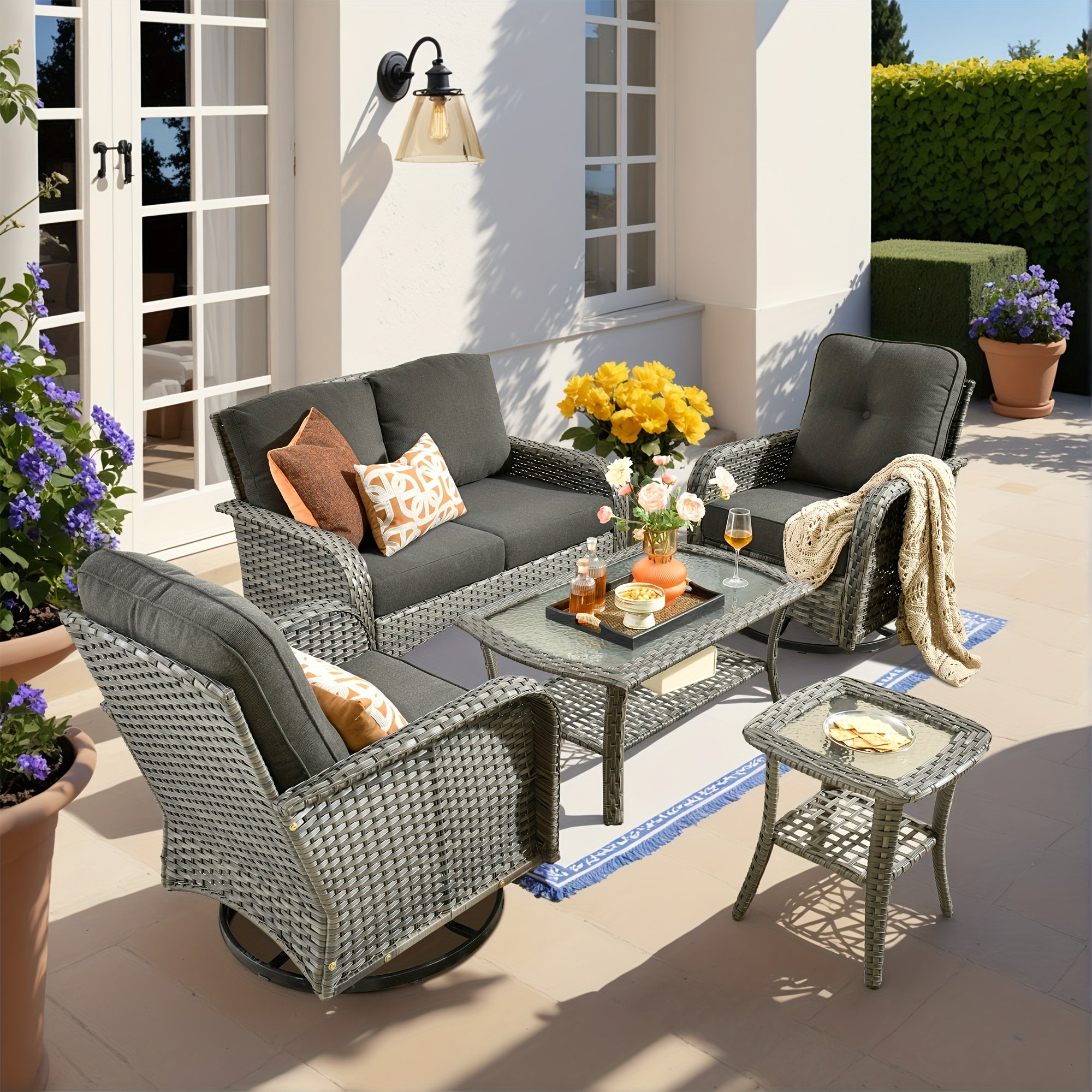 Outdoor Wicker Furniture Collection: Loveseat, Swivel Rocking Chairs, Patio Chairs, Rectangular Table, And Optional Side Table. Made with PE Rattan, Suitable for Patio, Backyard, Pool, Or Garden