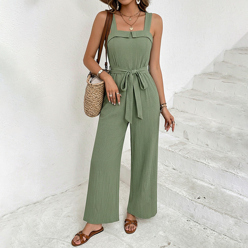 Solid-color Casual Sleeveless Strap Jumpsuit