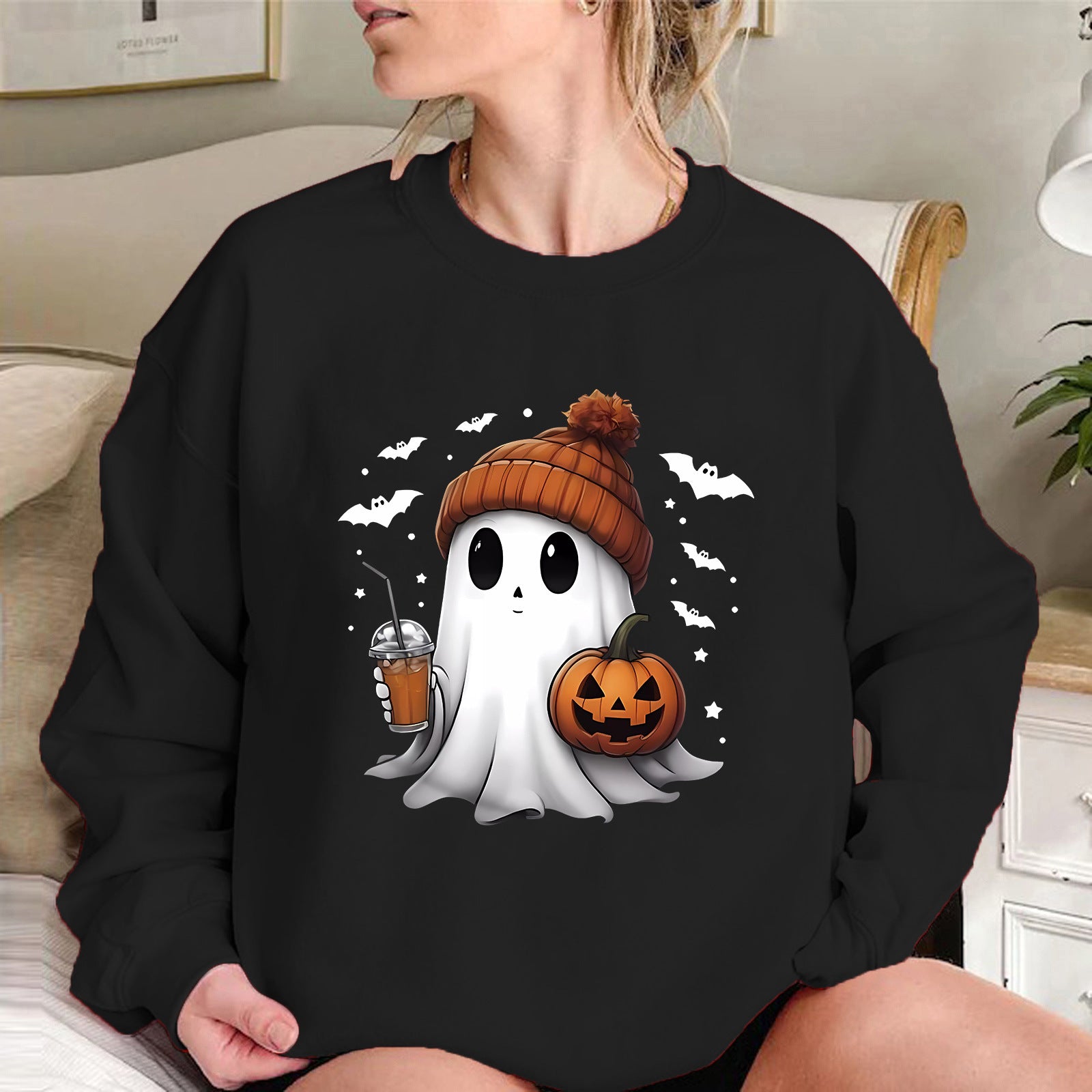 Cozy Drop-Shoulder Velvet Halloween Hoodie for Women