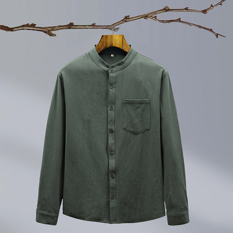 Cotton And Linen Solid Color National Style Men's Shirt