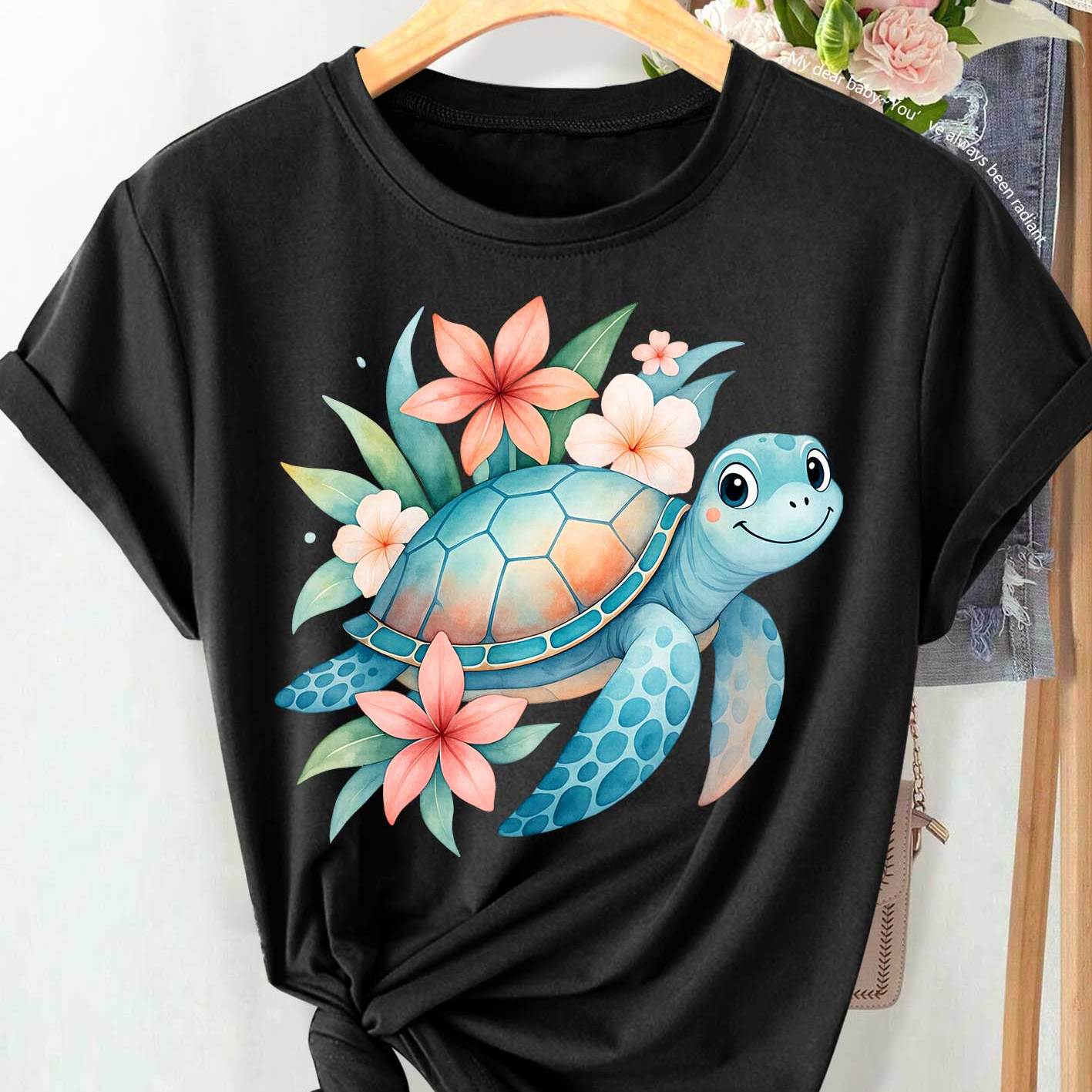 Women's Short Sleeve Round Neck Tunic with Smiling Sea Turtle and Tropical Floral Print
