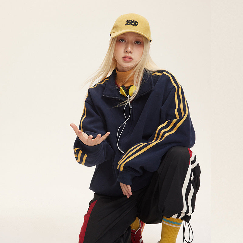 Retro Three-Bar Sports Cardigan Sweater