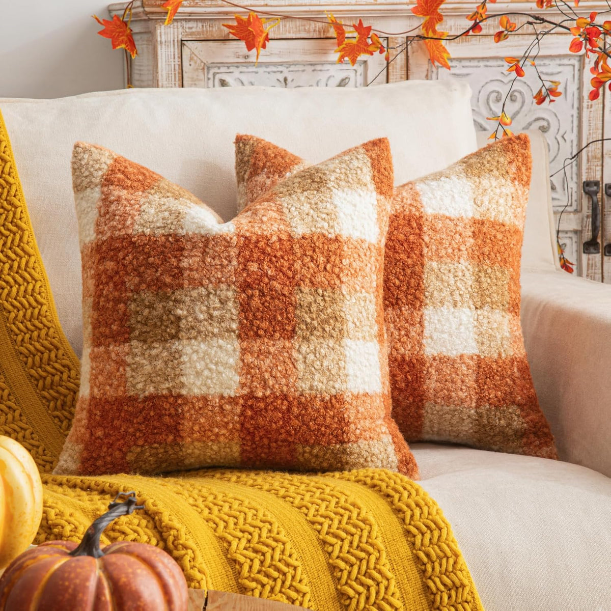 Plaid Fall Throw Pillow Covers 2 Pack, 20x20 Inch Orange Decorative Cushion Cases for Sofa, Couch, Bed and Autumn Decor