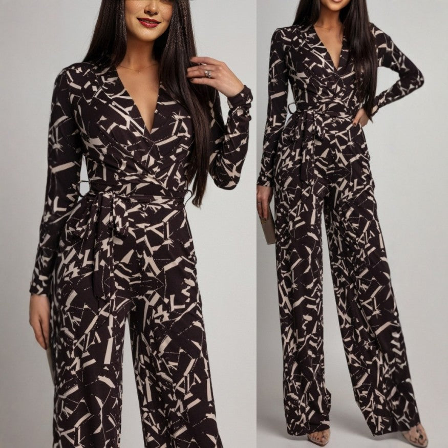European And American V-neck Printed Long-sleeve Jumpsuit