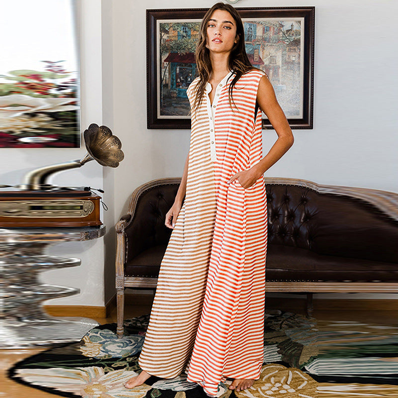 Sleeveless Jumpsuit Leisure Striped Printed Multi-pocket