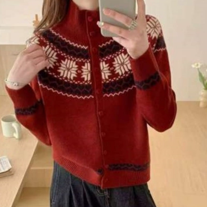 Korean Style Ethnic Inspired Jacquard Knit Cardigan for Women Autumn and Winter