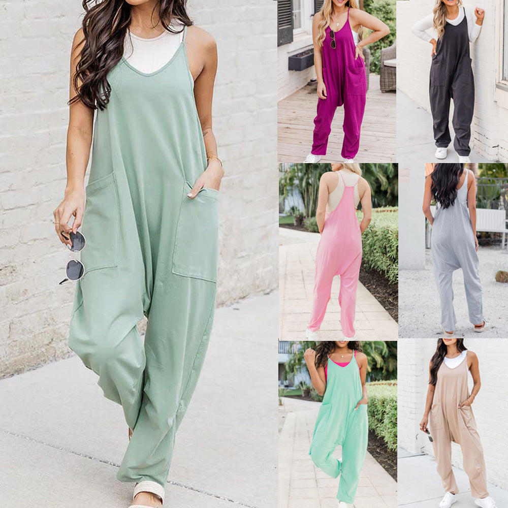 Women's Loose Solid Color Suspender Overalls with Pockets
