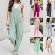 Women's Loose Solid Color Suspender Overalls with Pockets