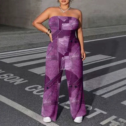 Women's Slim-Fit Printed Denim Jumpsuit