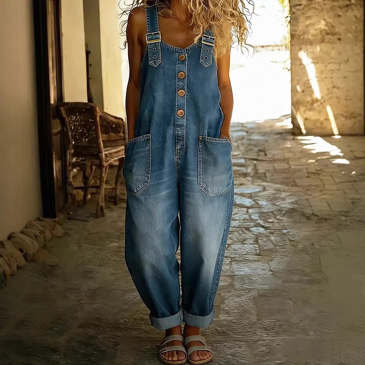 Fashionable Retro Distressed Loose Womens Casual Denim Jumpsuit