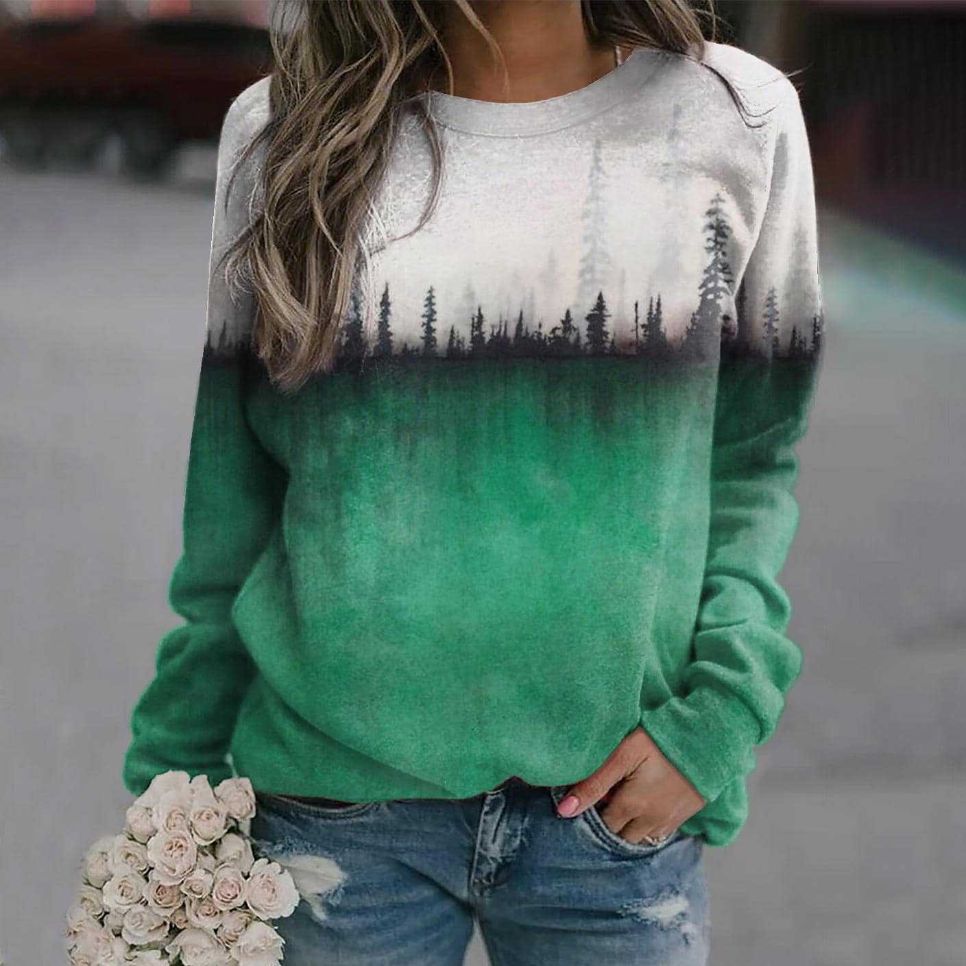 Women's Pine Print Crew Neck Casual Sweatshirt