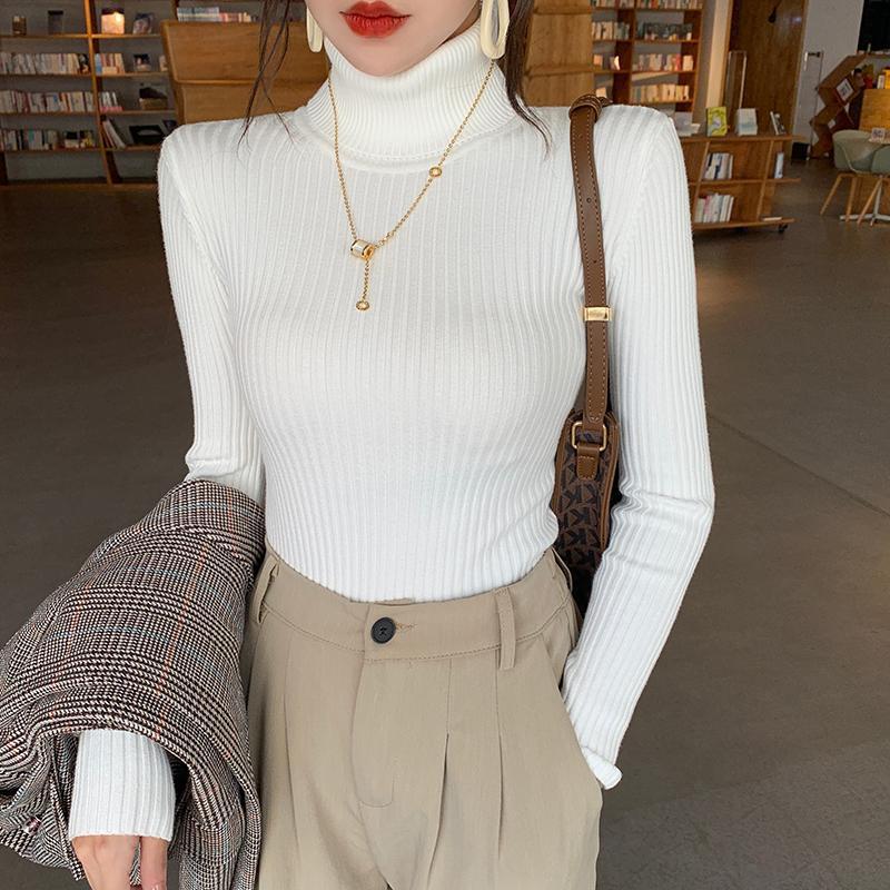 Womens Thick Solid-colored Slim-fit Warm Turtleneck Base Sweater