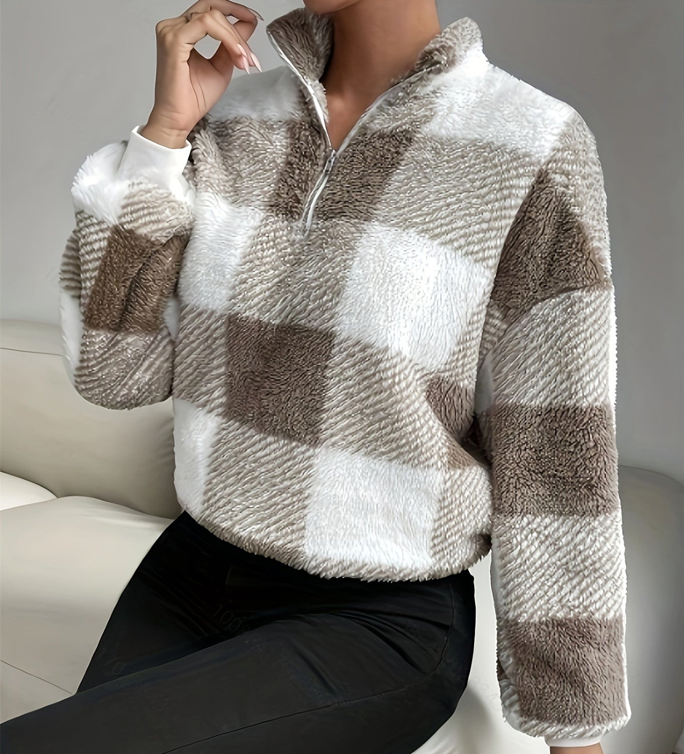 Women's Buffalo Plaid Off-Shoulder Half-Zip Sweater