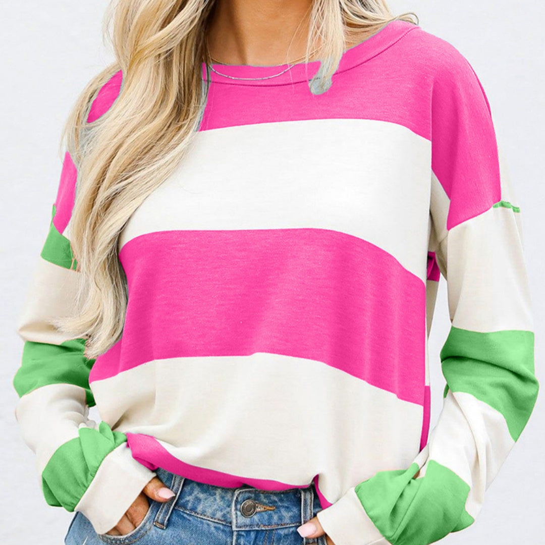Colorblock Striped Drop-Shoulder Pullover Sweatshirt