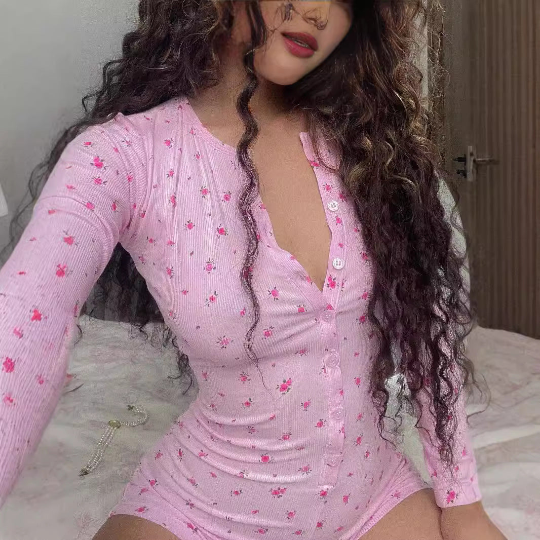 Floral V-Neck Long Sleeve Romper Shorts
