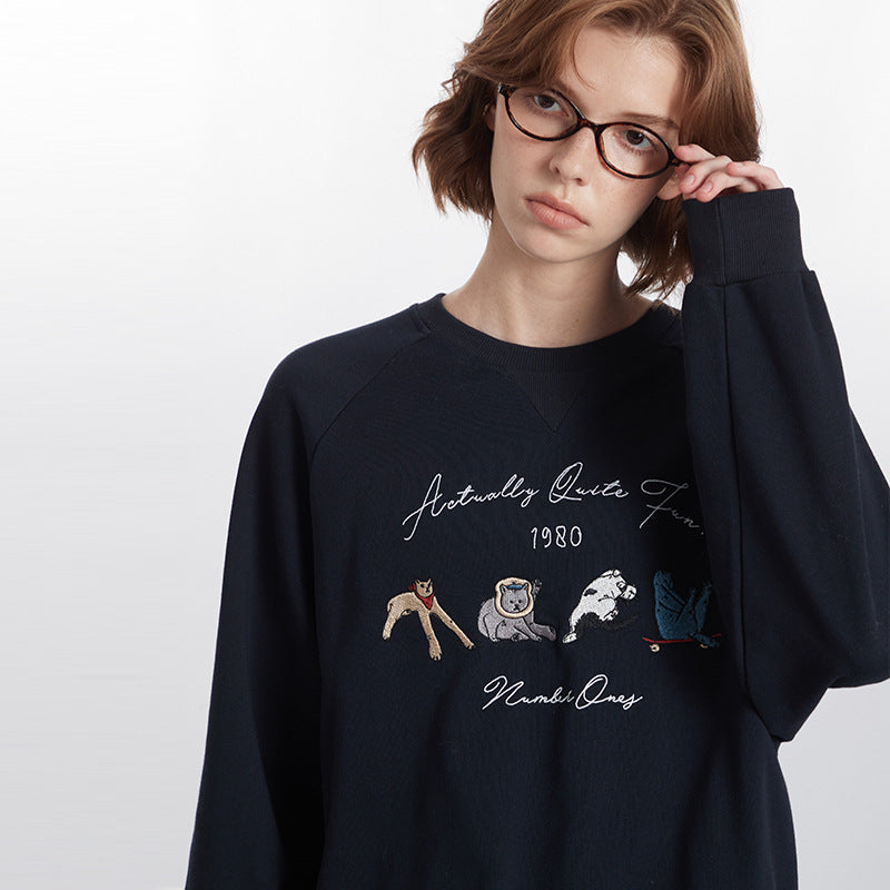 Retro Embroidered Round Neck Loose Long Sleeve Sweater