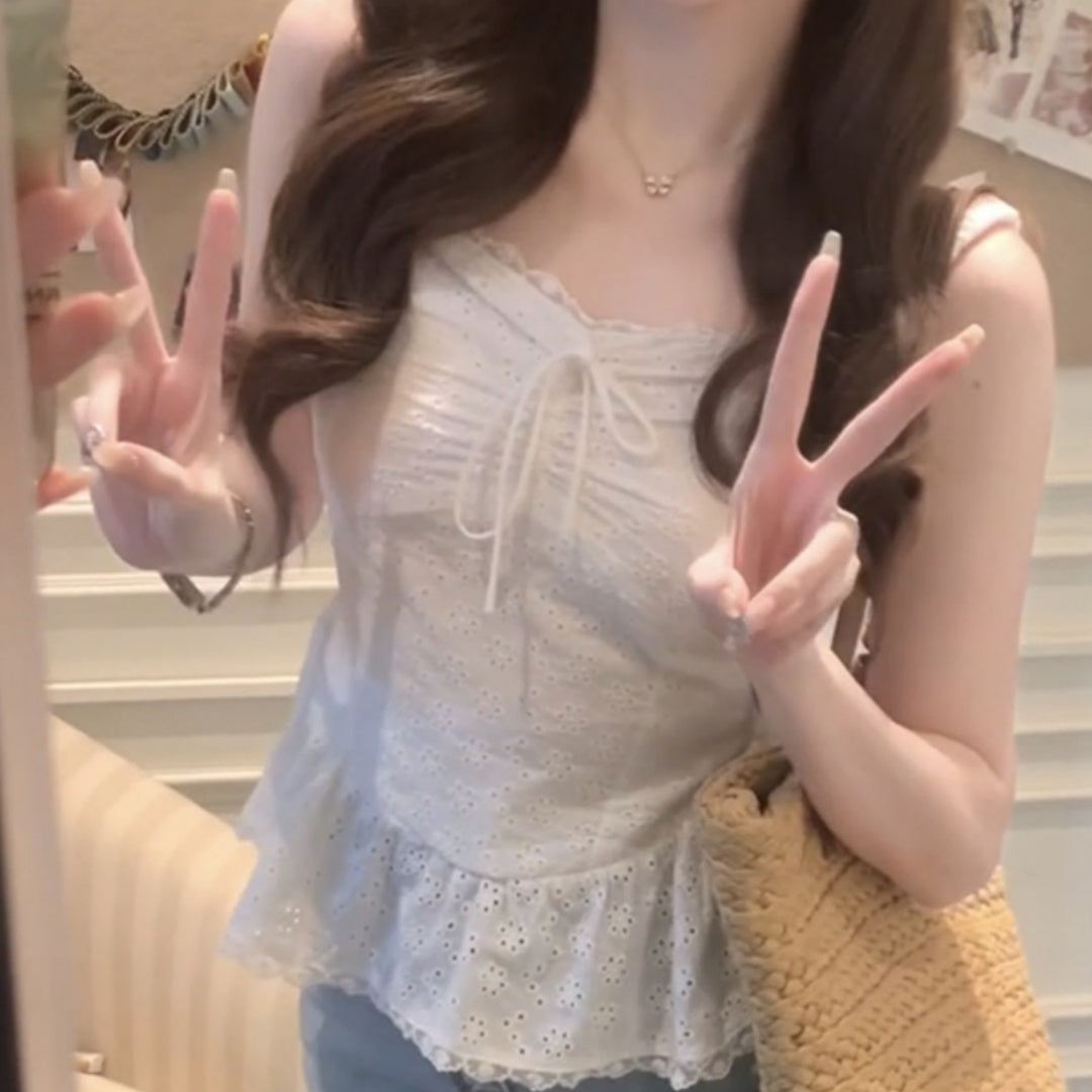 Flirty Chenille Sling Vest – White Micro‑Elastic Hot Girl Top