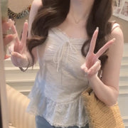 Flirty Chenille Sling Vest – White Micro‑Elastic Hot Girl Top