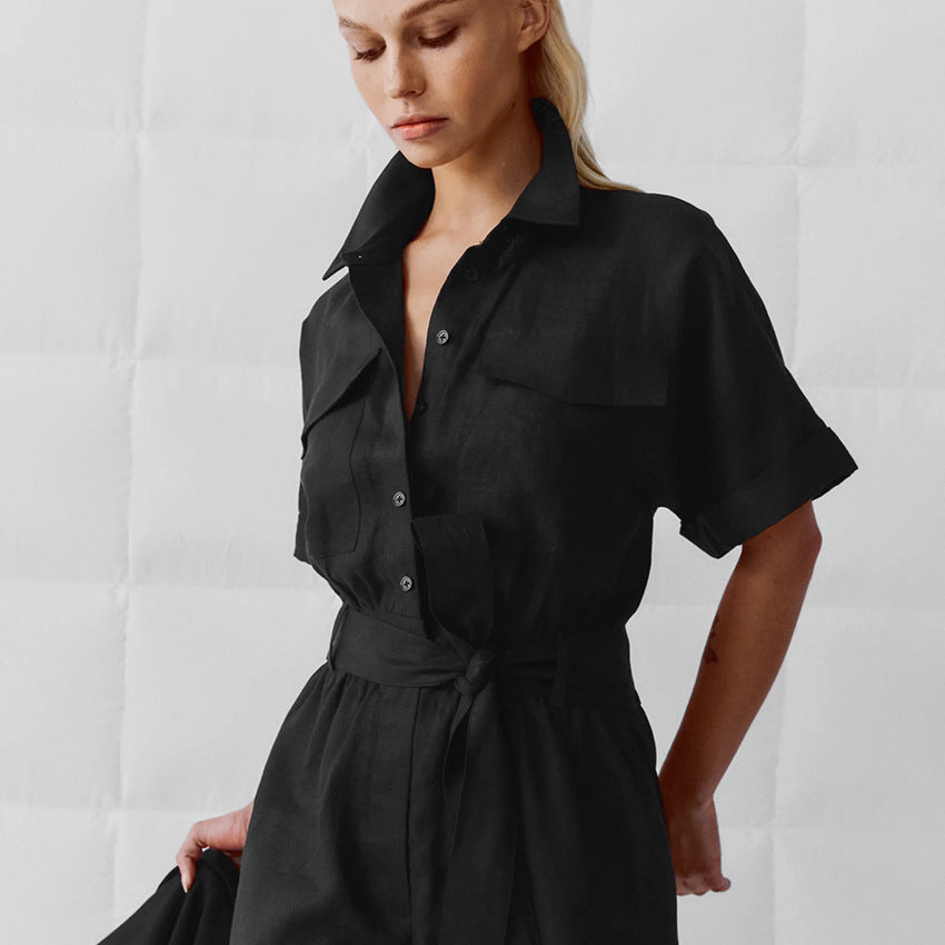 Women's Retro Lapel Wide-Leg Romper with Lace-Up Waist