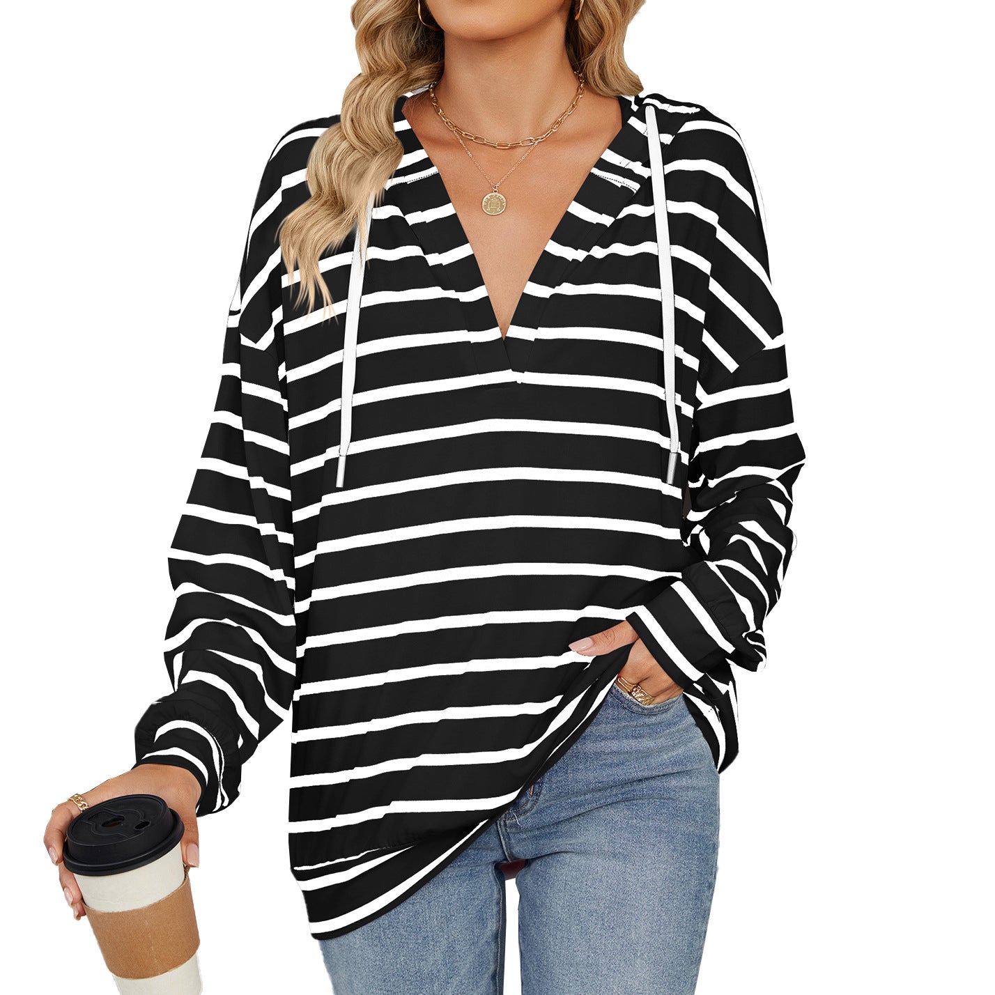 Women's Striped Drawstring Long Sleeve Hoodie Sweatshirt