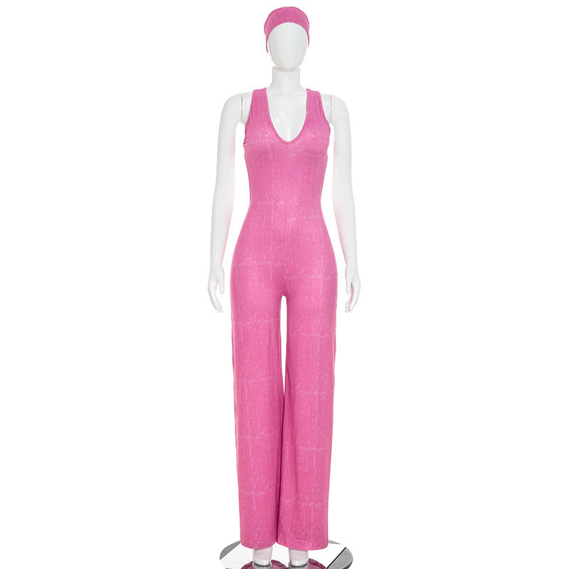 Casual Sporty Fauxwatereffect Openback Flared Jumpsuit