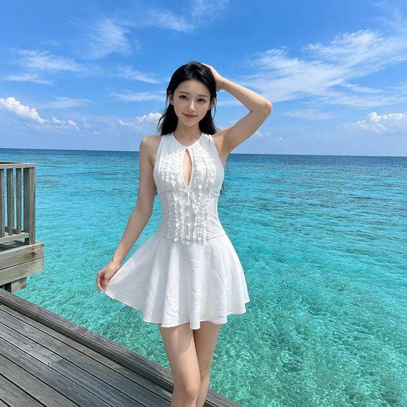 Sleeveless Hollowed-out Casual Ruffled-trim Swimsuit for Women