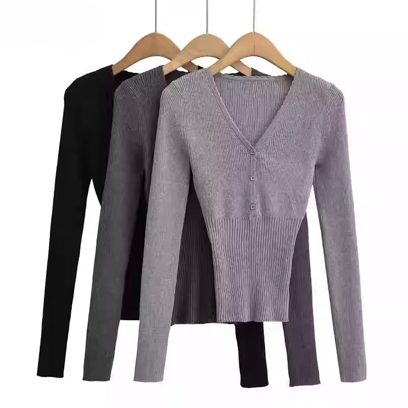 V-neck Fitted-waist Long-sleeve Knit Base Layer Top